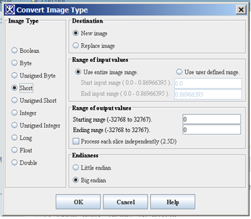 MIPAV Convert Image Type dialogue box